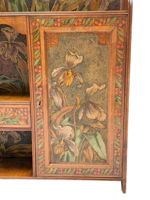 Aesthetic Movement Wall Cabinet, Hand-Painted Floral, Walnut, 1890s
